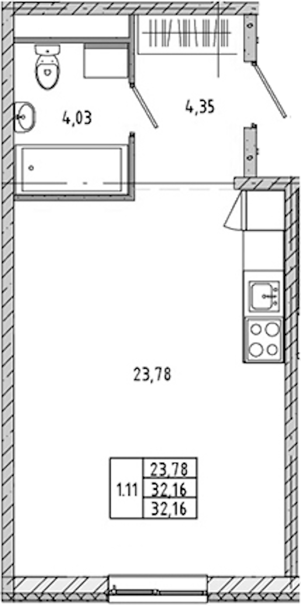 Квартира студия 33.07 м², 1/17 эт., ЖК «Новые горизонты 2»